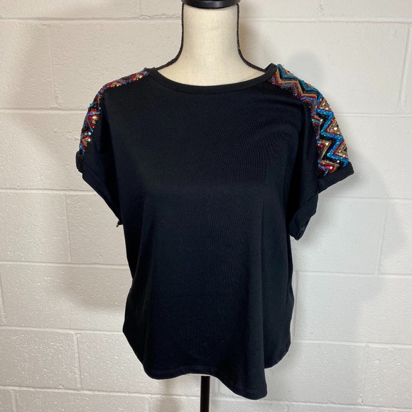 Zara Trafaluc Collection Black Shirt Sequins Shoulder - Picture 1 of 8